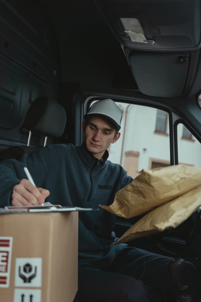 Courier writing on clipboard inside delivery van holding package.